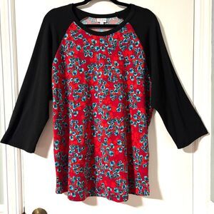 LuLaRoe 3X Randy baseball style 3/4 raglan sleeve nice red print & black